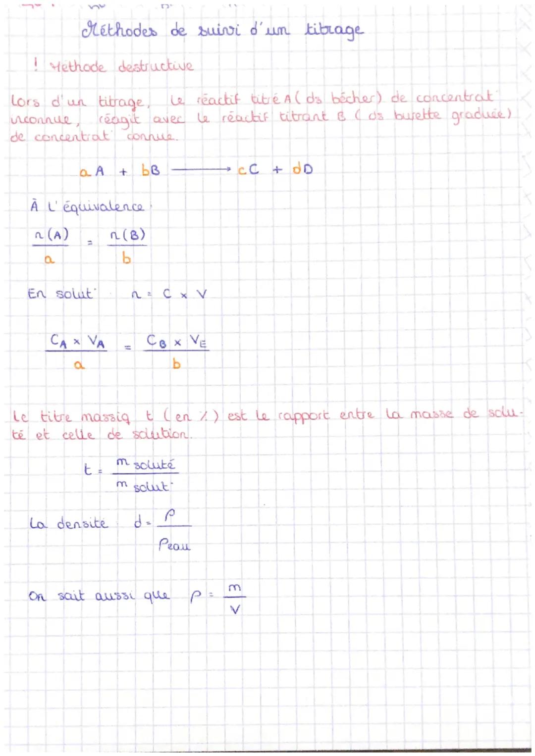 Méthodes de suivi d'un titrage

! Methode destructive

Lors d'un titrage, Le réactif titré A (ds bécher) de concentrat
inconnue, réagit avec