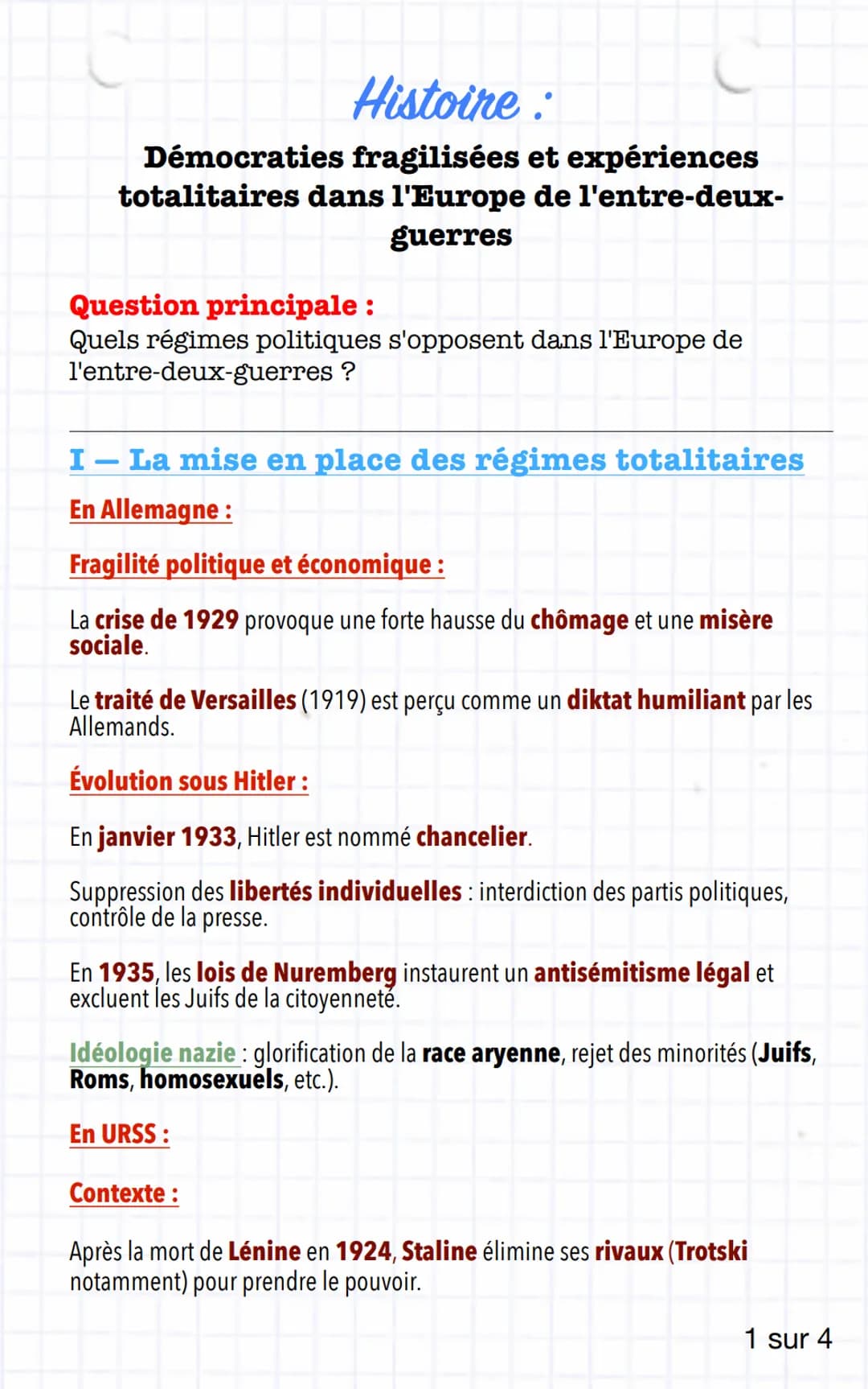 Histoire:
Démocraties fragilisées et expériences
totalitaires dans l'Europe de l'entre-deux-
guerres
Question principale:
Quels régimes poli