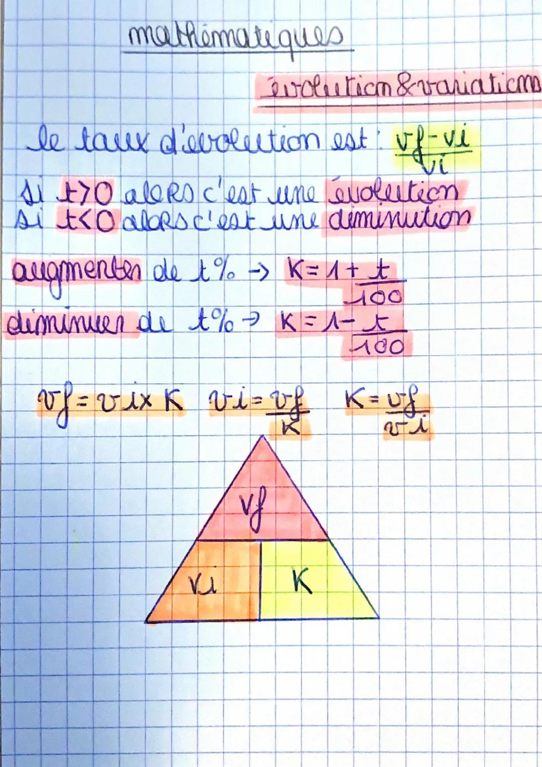 mathématiques

volution & variatics

le taux d'évolution est $\frac{vf-vi}{Vi}$

Si +70 alors c'est une évolution
si tr0 alors c'est une dim