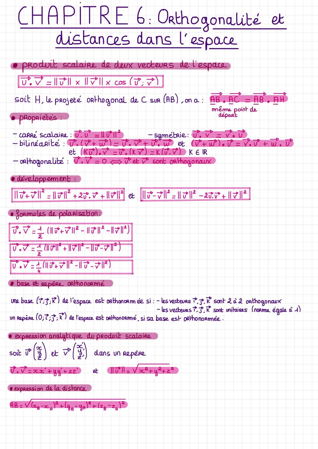 # CHAPITRE 6: Orthogonalité et
distances dans l'espace

- Produit scalaire de deux vecteurs de l'espace

$
\overrightarrow{u}.\overrightarro