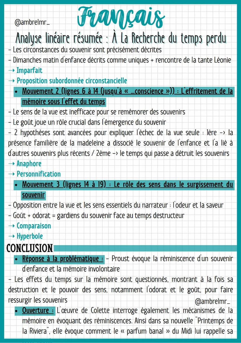 Français
@ambrelmr_
Analyse linéaire résumée : À La Recherche du temps perdu
INTRODUCTION
Présentation du texte :
→ Auteur : – Marcel Proust