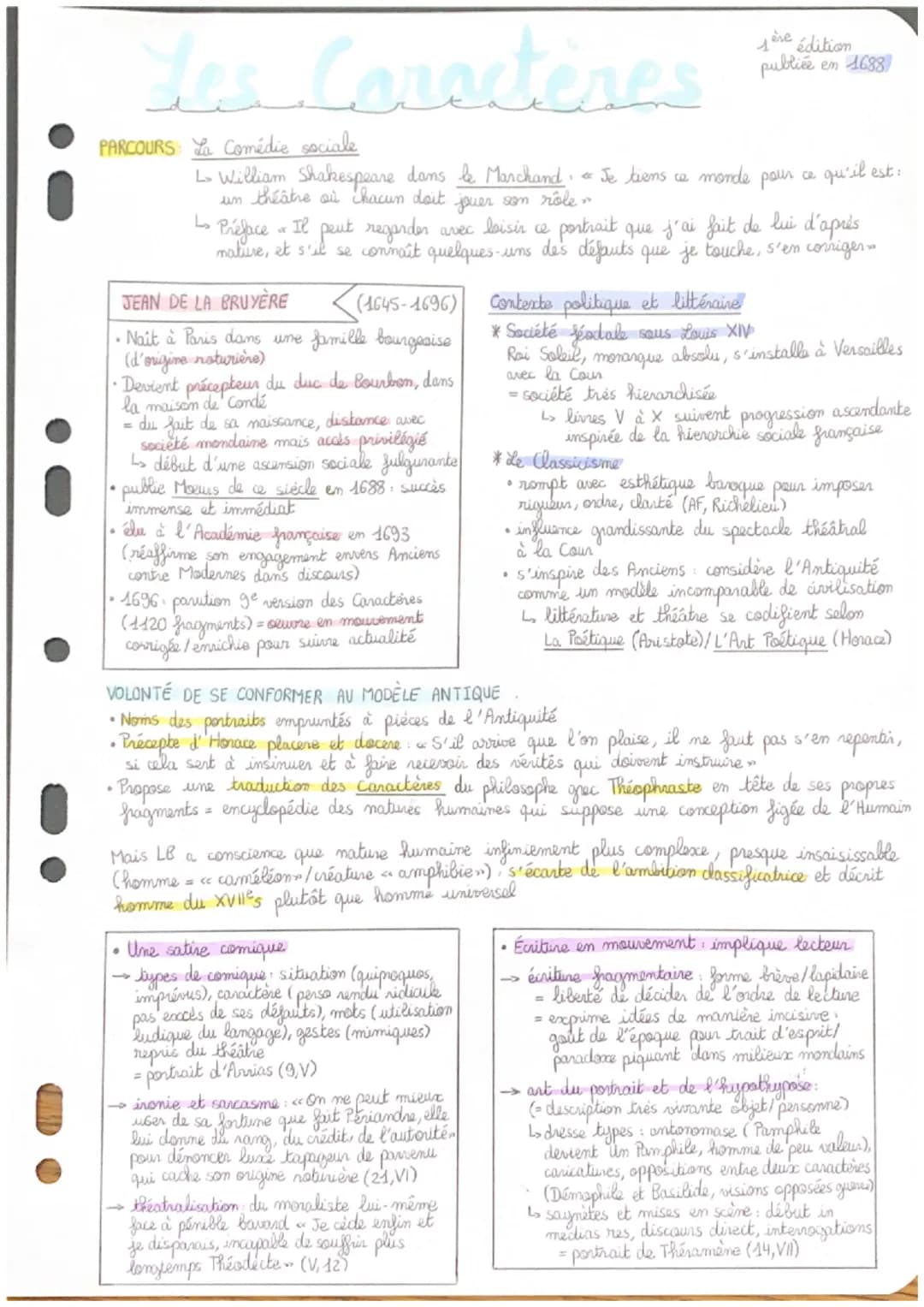Les Caractères
PARCOURS: La Comédie sociale
.
ère
1 édition
publiée en 1688
↳ William Shakespeare dans le Marchand. Je tiens ce monde pour c