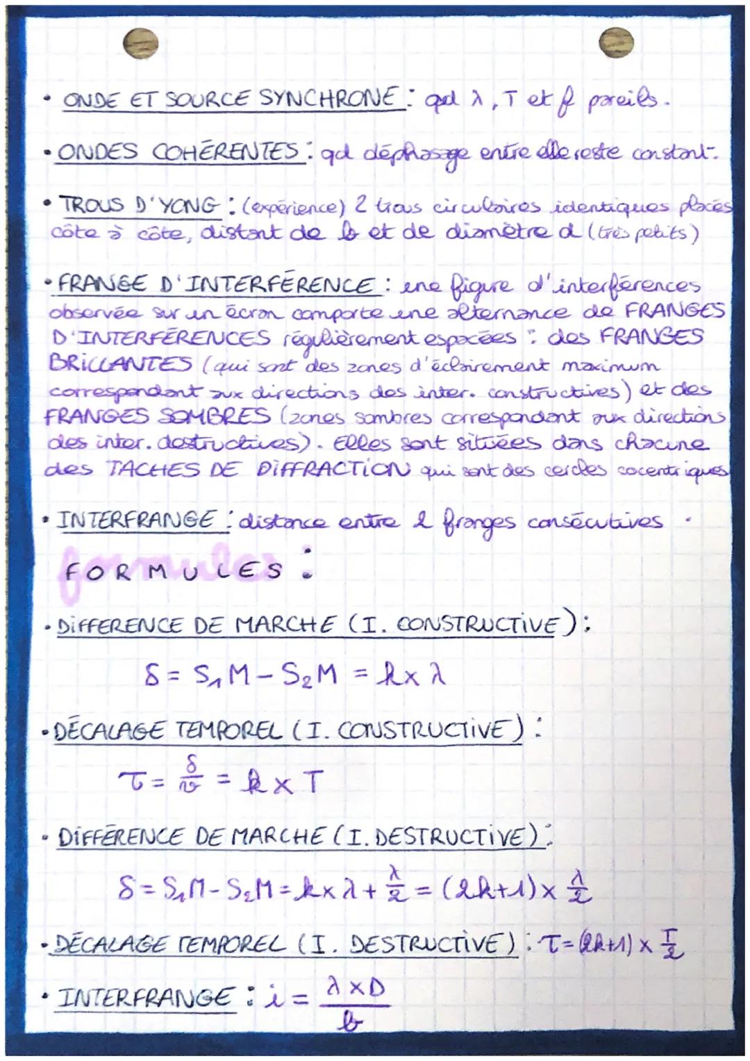 # interférence

DEFINITIONS.

*   INTERFERENCE: c'est la "supperposition de deux andes
qui ont la même vitesse de propagation car elles se
p