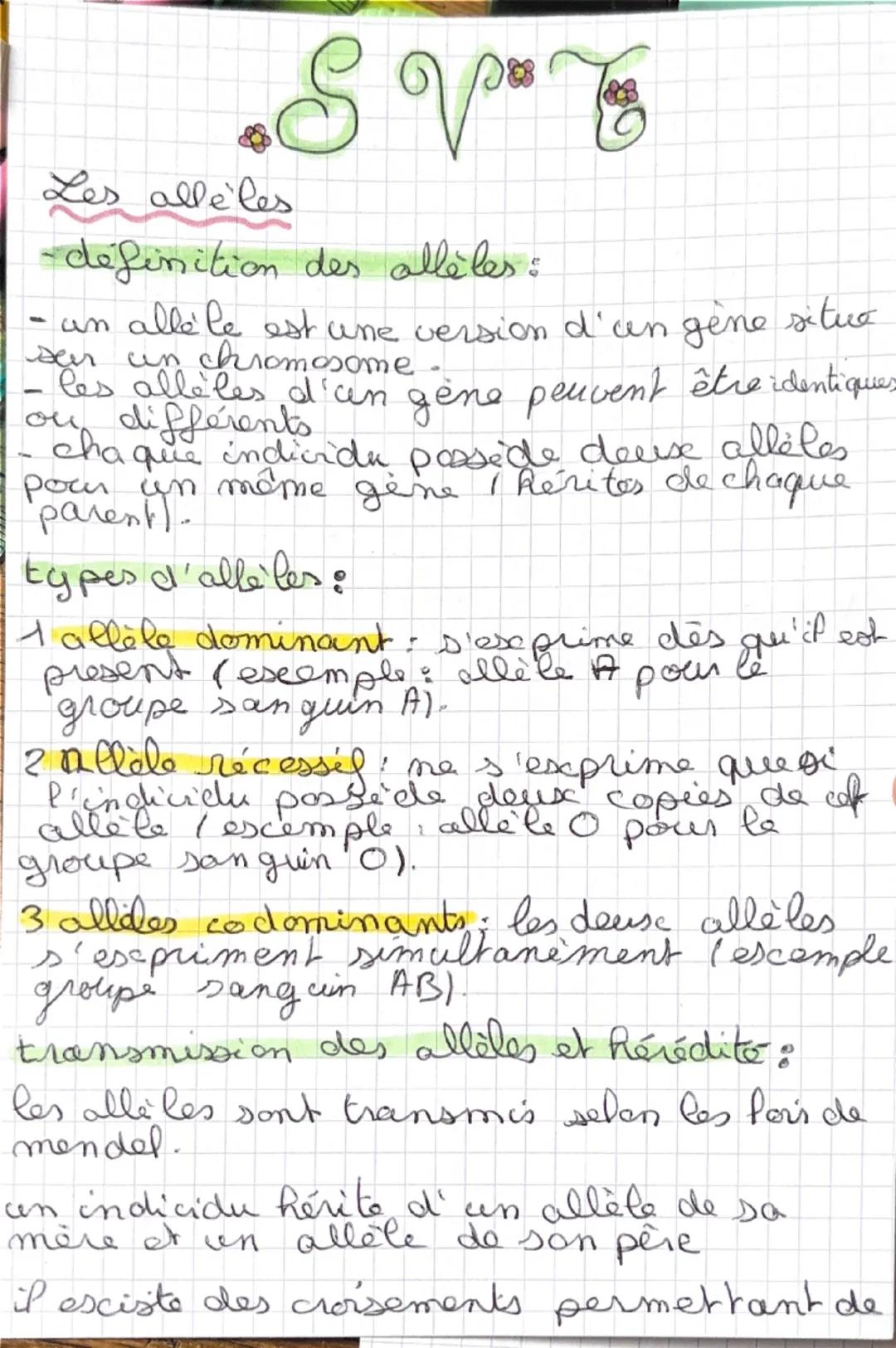 # SV

Les allèles

- définition des allèles :

-un
allé le est une version d'un gène situe
un chromosome
d'en
- les alleles a' cum gene peuv