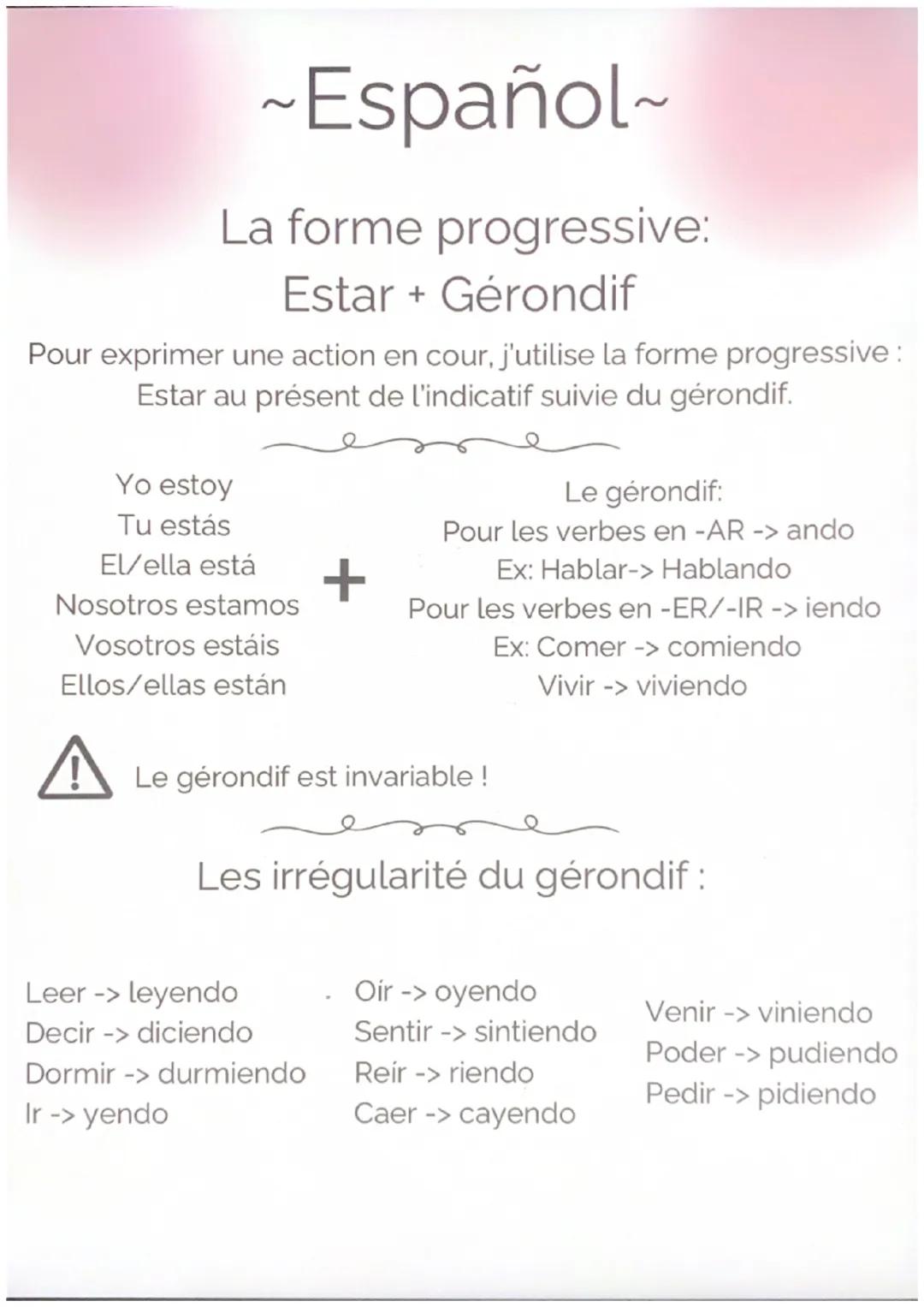 ~Español~
La forme progressive:
Estar + Gérondif
Pour exprimer une action en cour, j'utilise la forme progressive :
Estar au présent de l'in