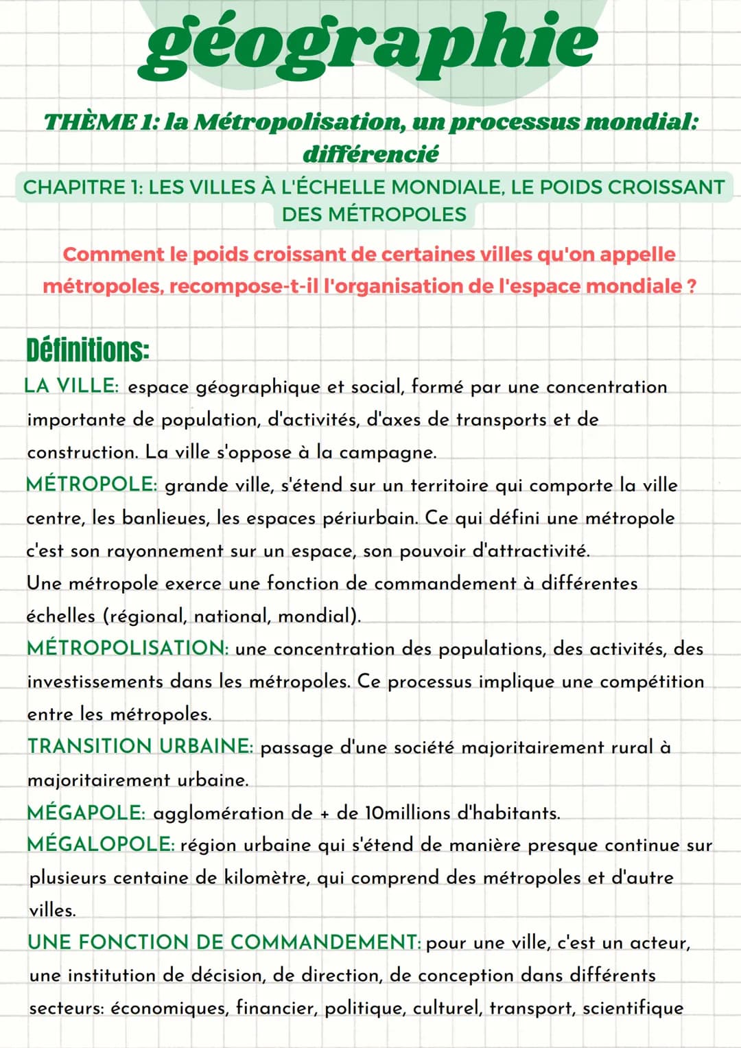 géographie
THÈME 1: la Métropolisation, un processus mondial:
différencié
CHAPITRE 1: LES VILLES À L'ÉCHELLE MONDIALE, LE POIDS CROISSANT
DE
