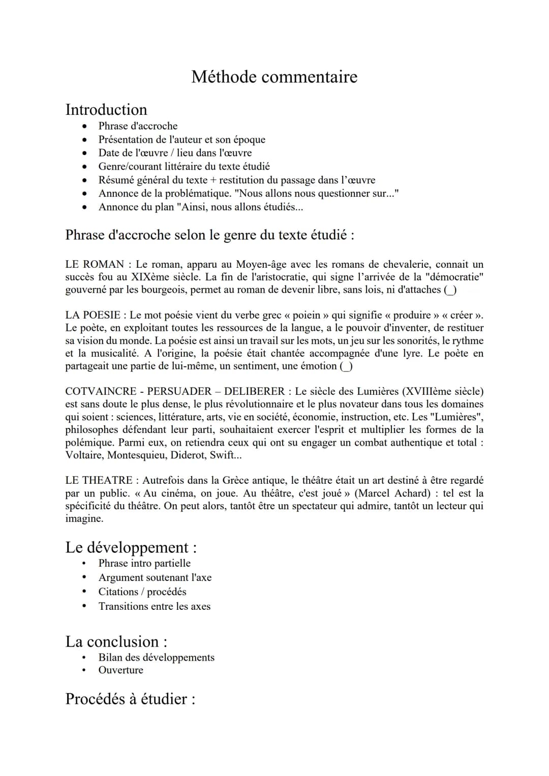 Méthode commentaire
Introduction
• Phrase d'accroche
Présentation de l'auteur et son époque
•
•
Date de l'œuvre / lieu dans l'œuvre
•
•
•
Ge