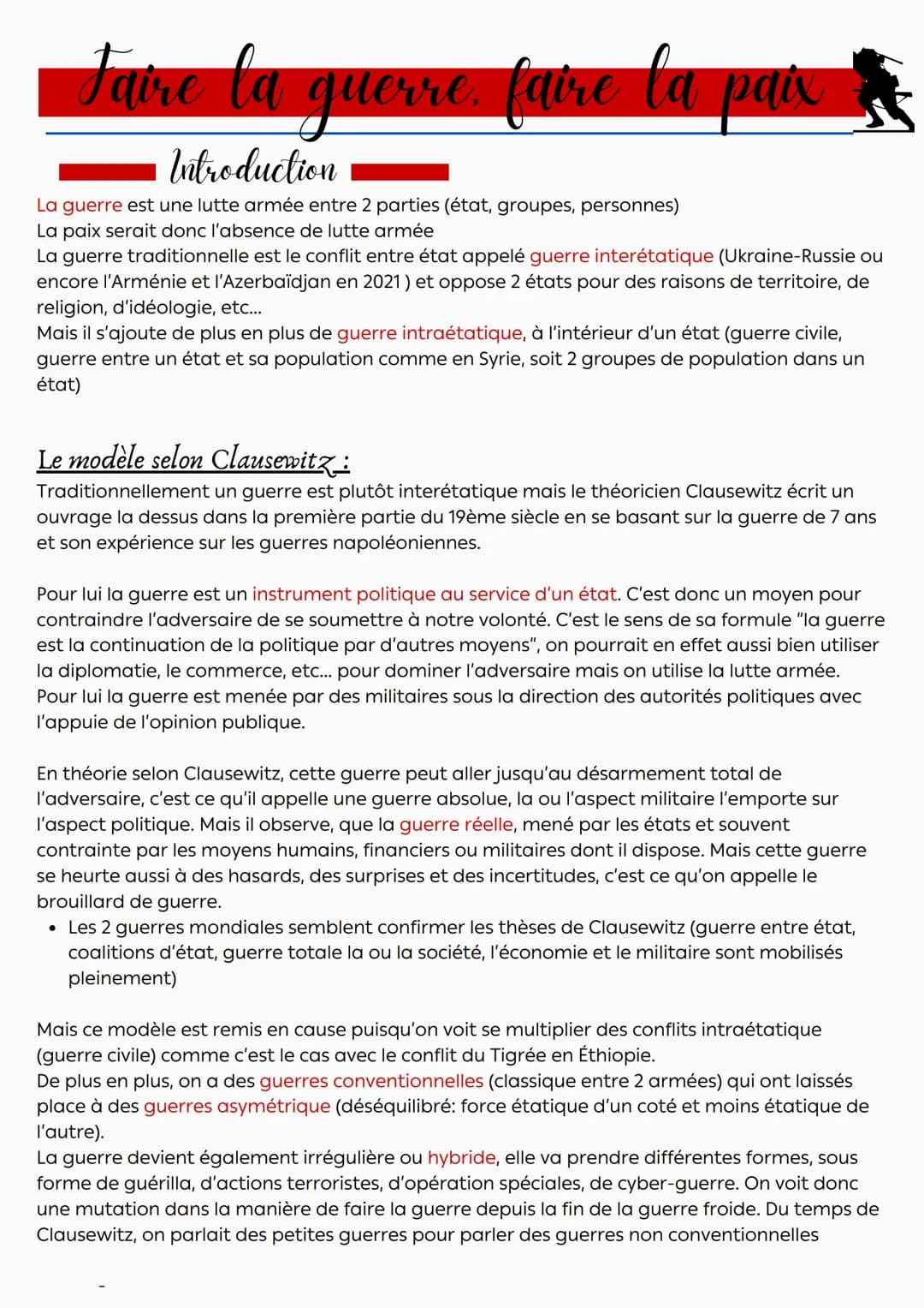 Faire la
guerre faire la paix
Introduction
La guerre est une lutte armée entre 2 parties (état, groupes, personnes)
La paix serait donc l'ab