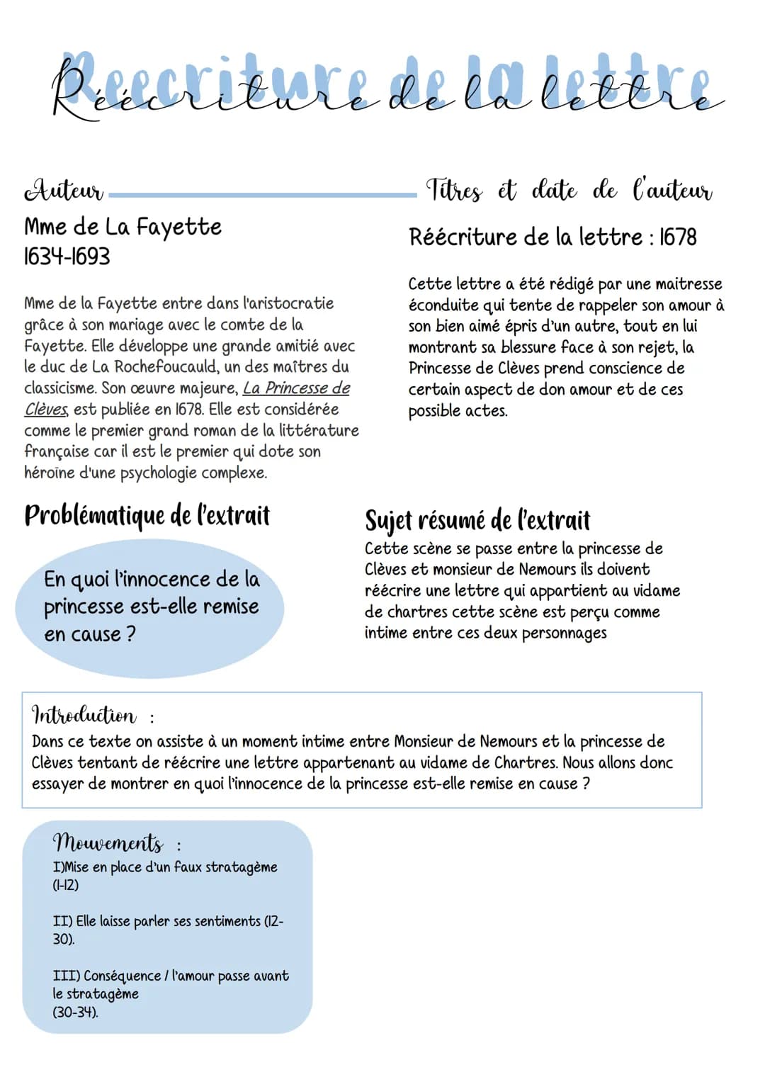 Rescriture de la lettre
Auteur
Mme de La Fayette
1634-1693
Mme de la Fayette entre dans l'aristocratie
grâce à son mariage avec le comte de 