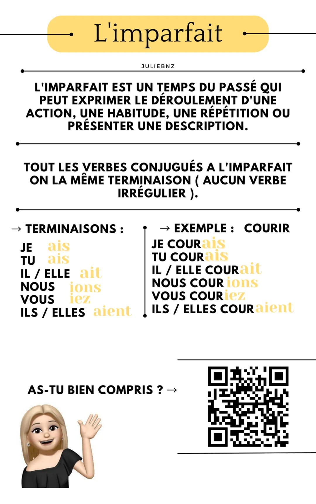 L'imparfait
L'IMPARFAIT EST UN TEMPS DU PASSÉ QUI
PEUT EXPRIMER LE DÉROULEMENT D'UNE
ACTION, UNE HABITUDE, UNE RÉPÉTITION OU
PRÉSENTER UNE D