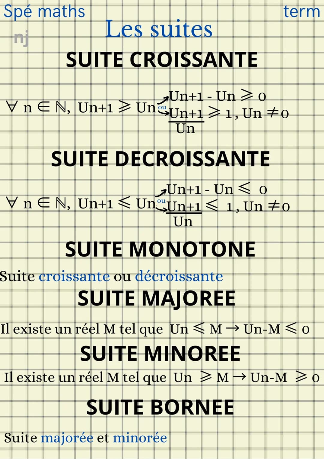 Spé maths
nj
Les suites
SUITE CROISSANTE
Un+1 - Un ≥o
\ n E N, Un+1 > UngUn+1 >1, Un ‡0
Un
DECROISSANTE
Un+1 - Un ◄ o
Vn€N, Un+1<UnUn+1<1,Un