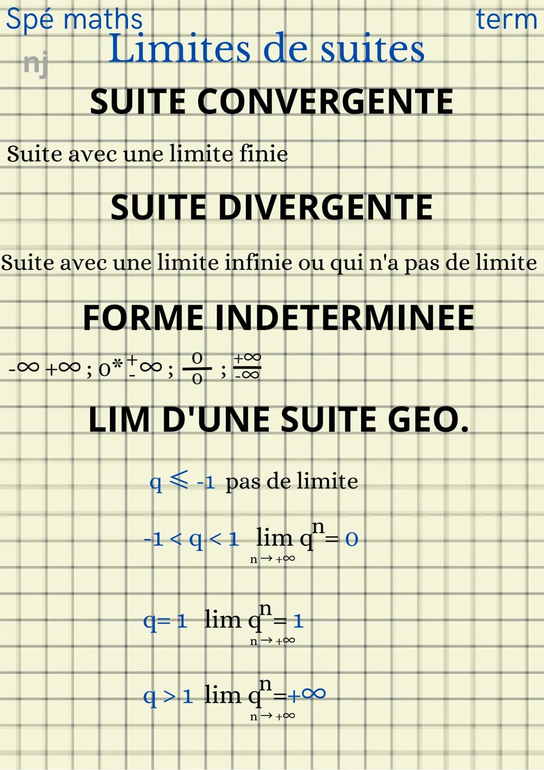 Spé maths
nj
Les suites
SUITE CROISSANTE
Un+1 - Un ≥o
\ n E N, Un+1 > UngUn+1 >1, Un ‡0
Un
DECROISSANTE
Un+1 - Un ◄ o
Vn€N, Un+1<UnUn+1<1,Un