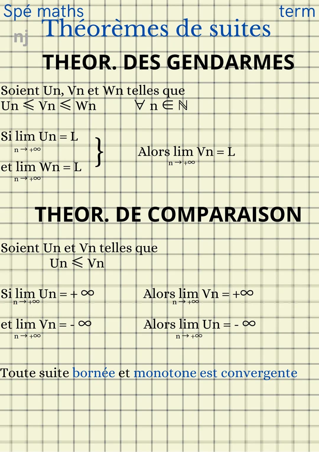 Spé maths
nj
Les suites
SUITE CROISSANTE
Un+1 - Un ≥o
\ n E N, Un+1 > UngUn+1 >1, Un ‡0
Un
DECROISSANTE
Un+1 - Un ◄ o
Vn€N, Un+1<UnUn+1<1,Un