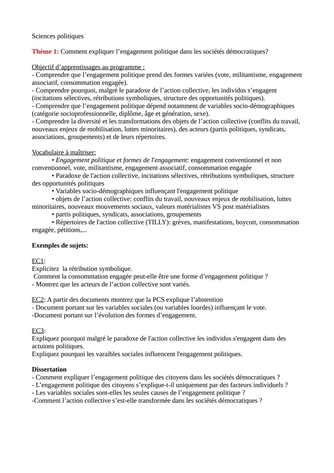 Sciences politiques
Thème 1: Comment expliquer l'engagement politique dans les sociétés démocratiques?
Objectif d'apprentissages au programm