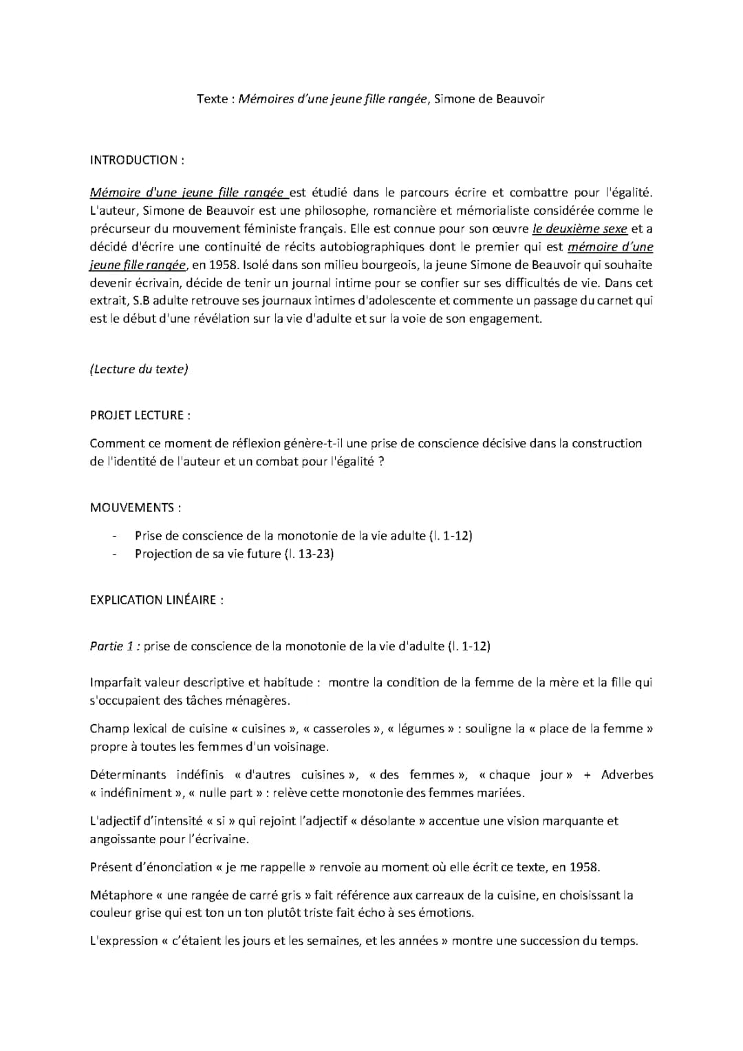 analyse linéaire « mémoires d’une jeune fille rangée », Simone de Beauvoir 