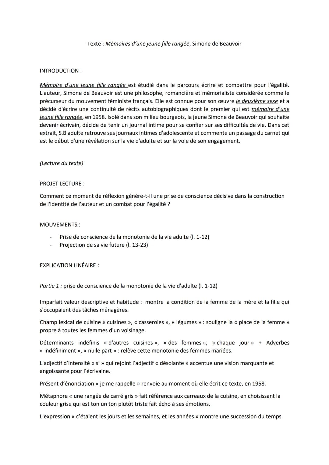 INTRODUCTION :
Mémoire d'une jeune fille rangée est étudié dans le parcours écrire et combattre pour l'égalité.
L'auteur, Simone de Beauvoir