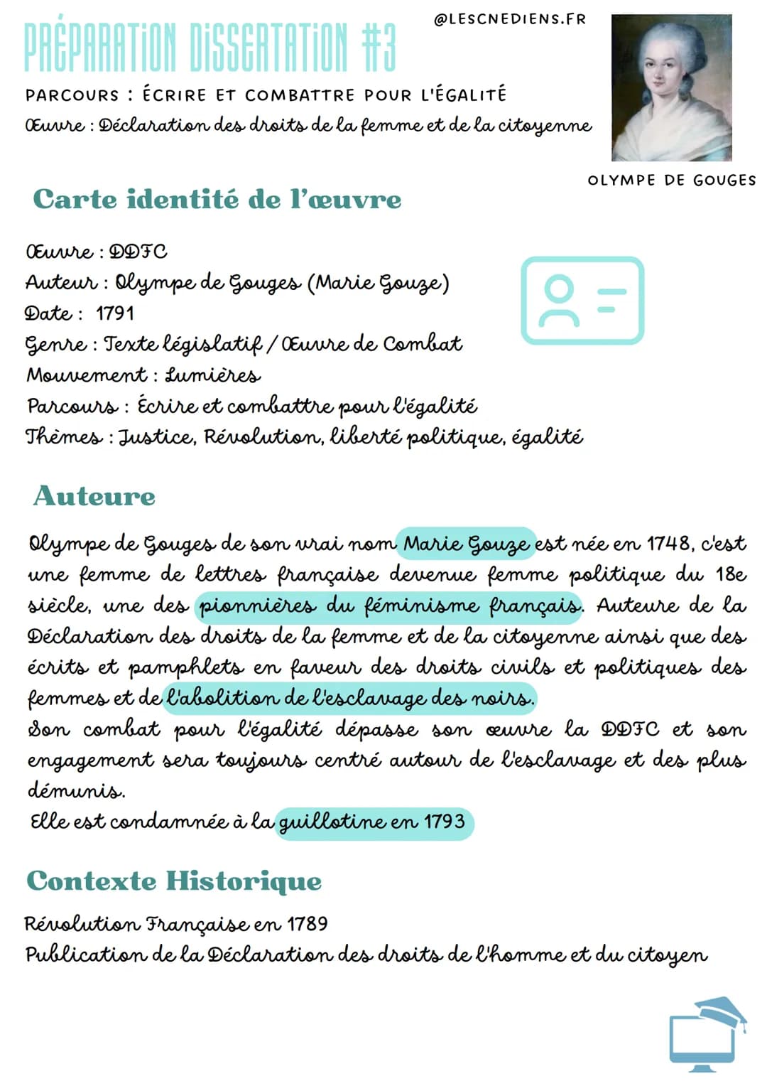 @LESCNEDIENS. FR
PRÉPARATION DISSERTATION #3
PARCOURS ÉCRIRE ET COMBATTRE POUR L'ÉGALITÉ
œuvre : Déclaration des droits de la femme et de la