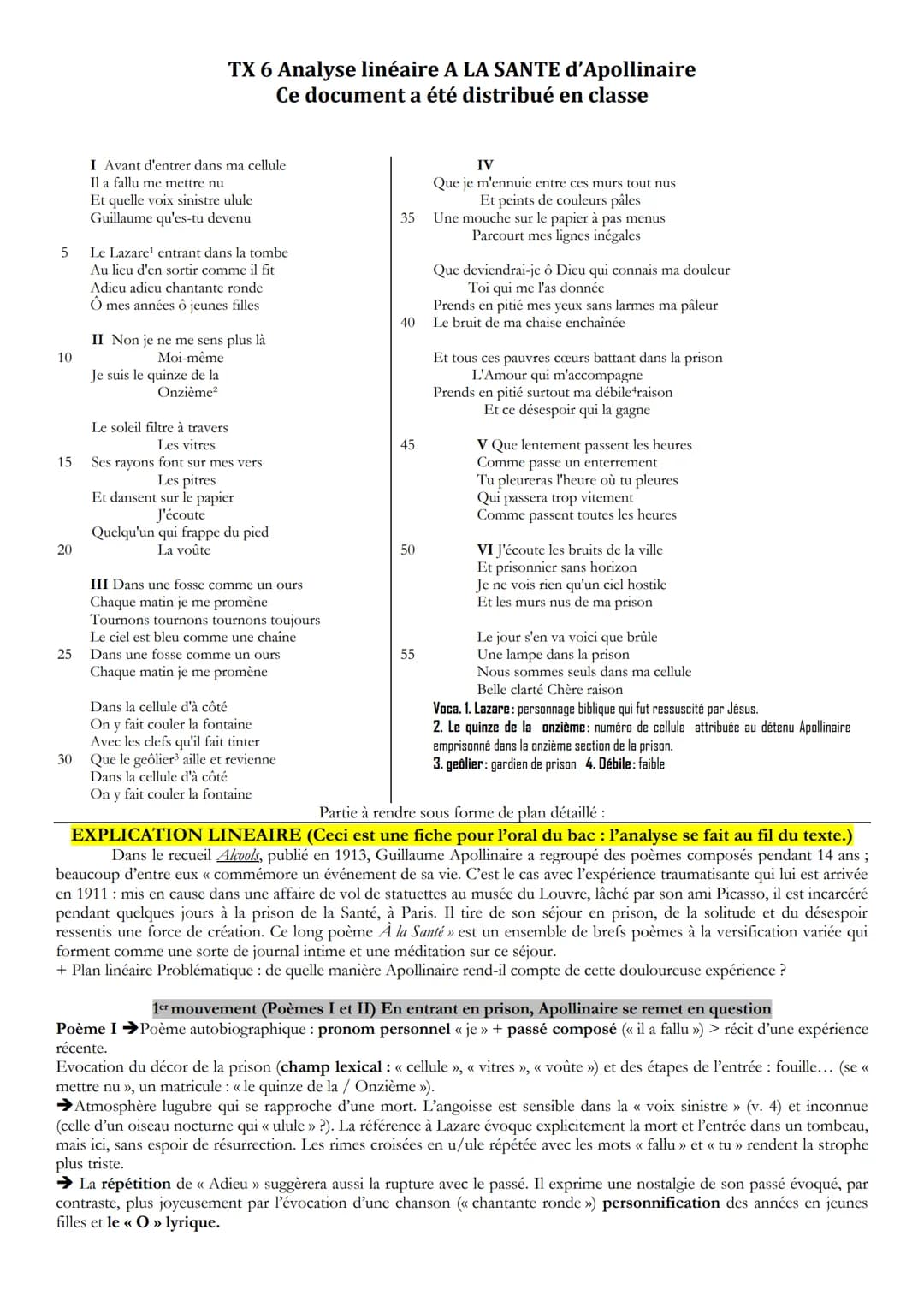 5
10
15
20
25
30
TX 6 Analyse linéaire A LA SANTE d'Apollinaire
Ce document a été distribué en classe
I Avant d'entrer dans ma cellule
Il a 
