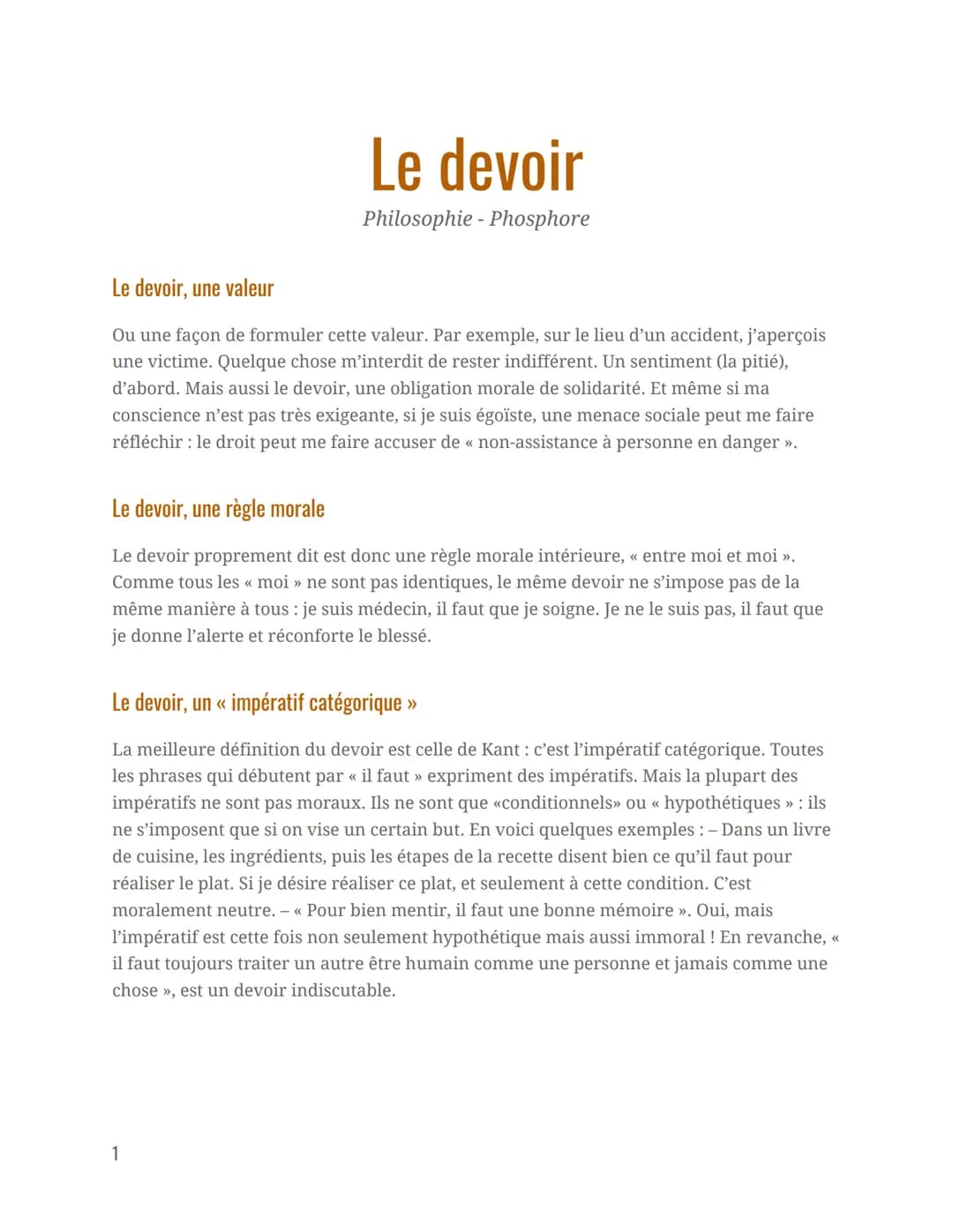 Le devoir
Philosophie - Phosphore
Le devoir, une valeur
Ou une façon de formuler cette valeur. Par exemple, sur le lieu d'un accident, j'ape