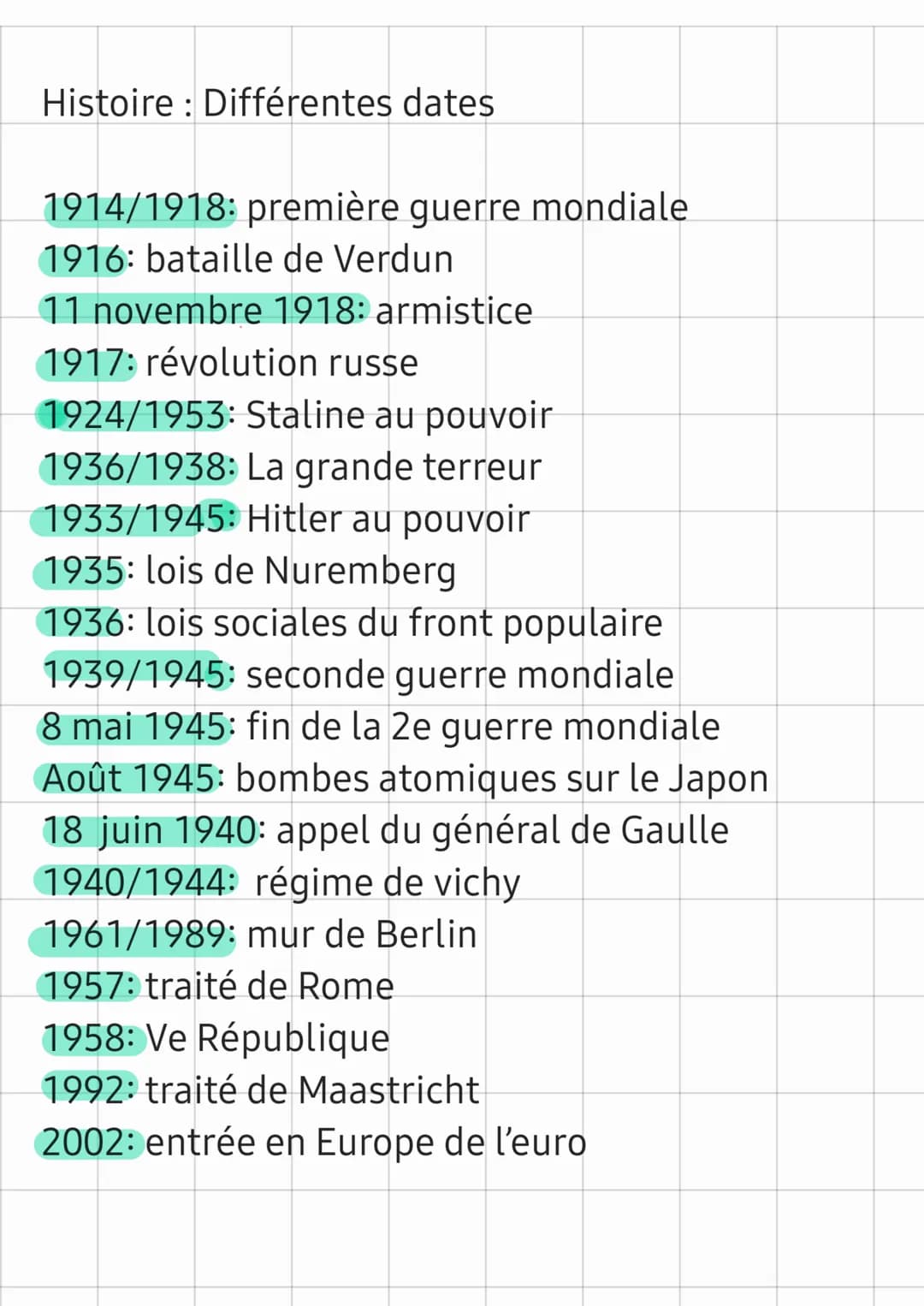 Histoire : Différentes dates
1914/1918: première guerre mondiale
1916: bataille de Verdun
11 novembre 1918: armistice
1917: révolution russe