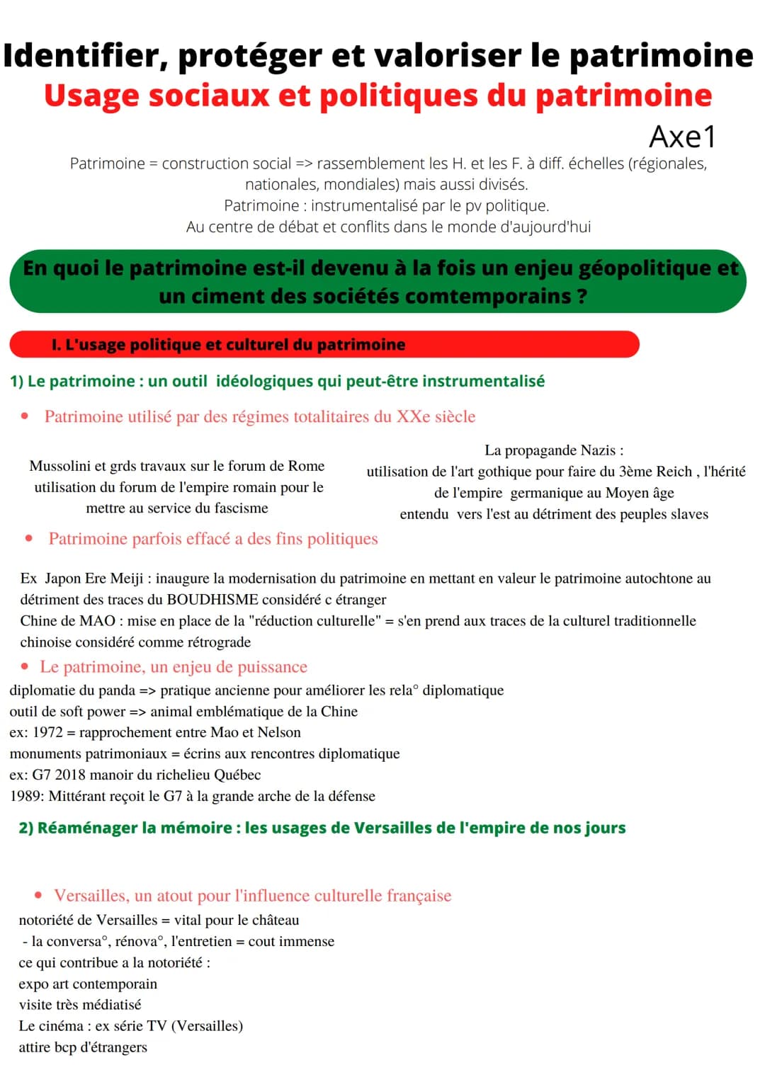 Identifier, protéger et valoriser le patrimoine
Usage sociaux et politiques du patrimoine
Axe1
Patrimoine = construction social => rassemble