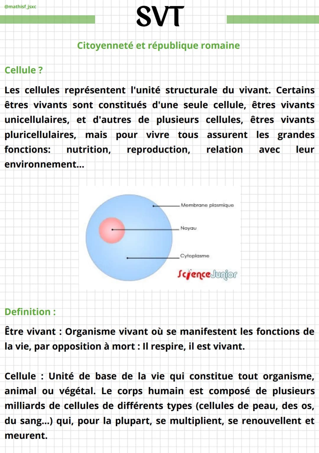 @mathisf_jsxc
Cellule?
SVT
Citoyenneté et république romaine
Les cellules représentent l'unité structurale du vivant. Certains
êtres vivants