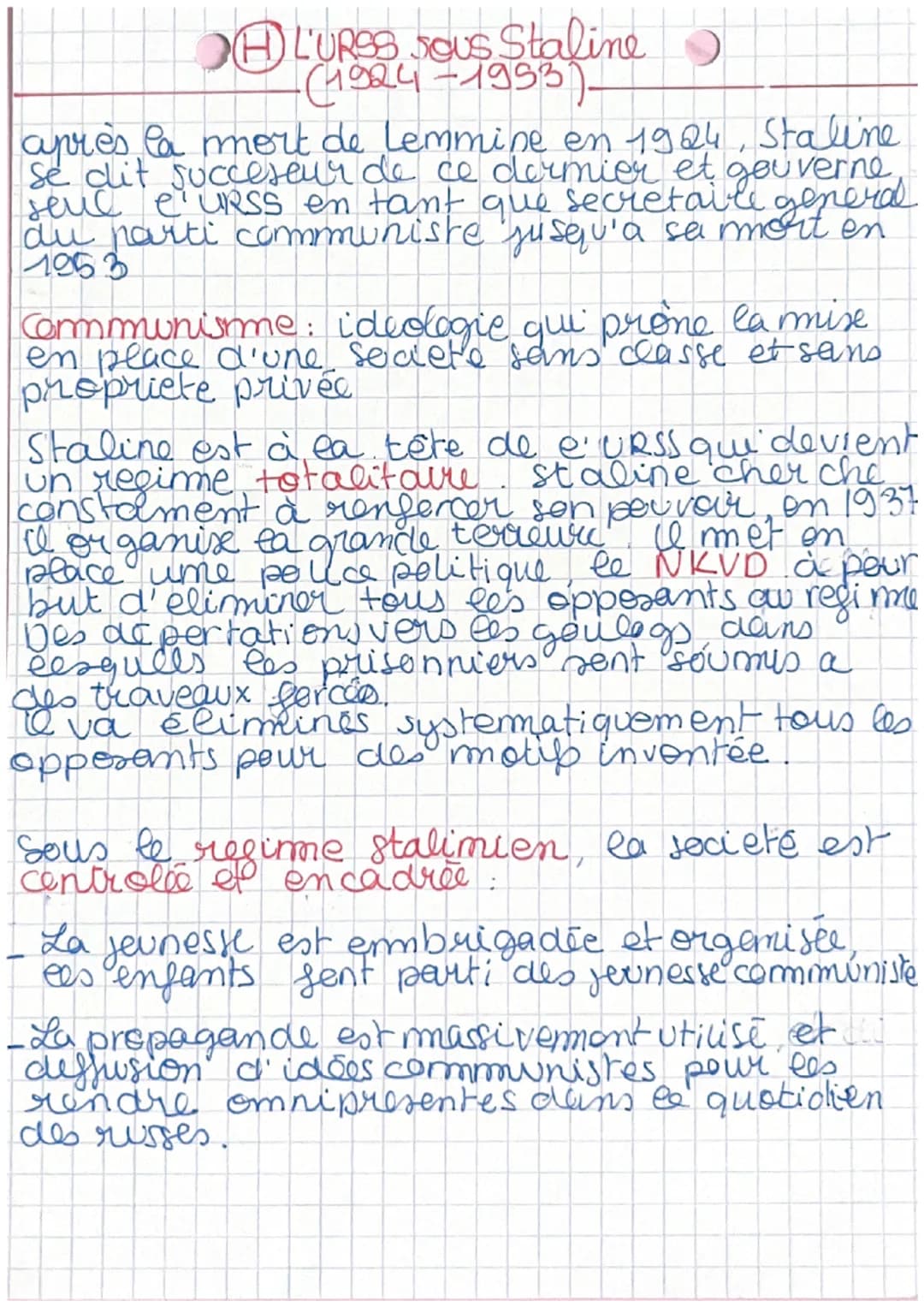 L'URSS Sous Staline
(4924-1953).
après la mort de Lemmine en 1924, Staline
Se dit succeseur de ce dermier et gouverne
seul e URSS en tant qu