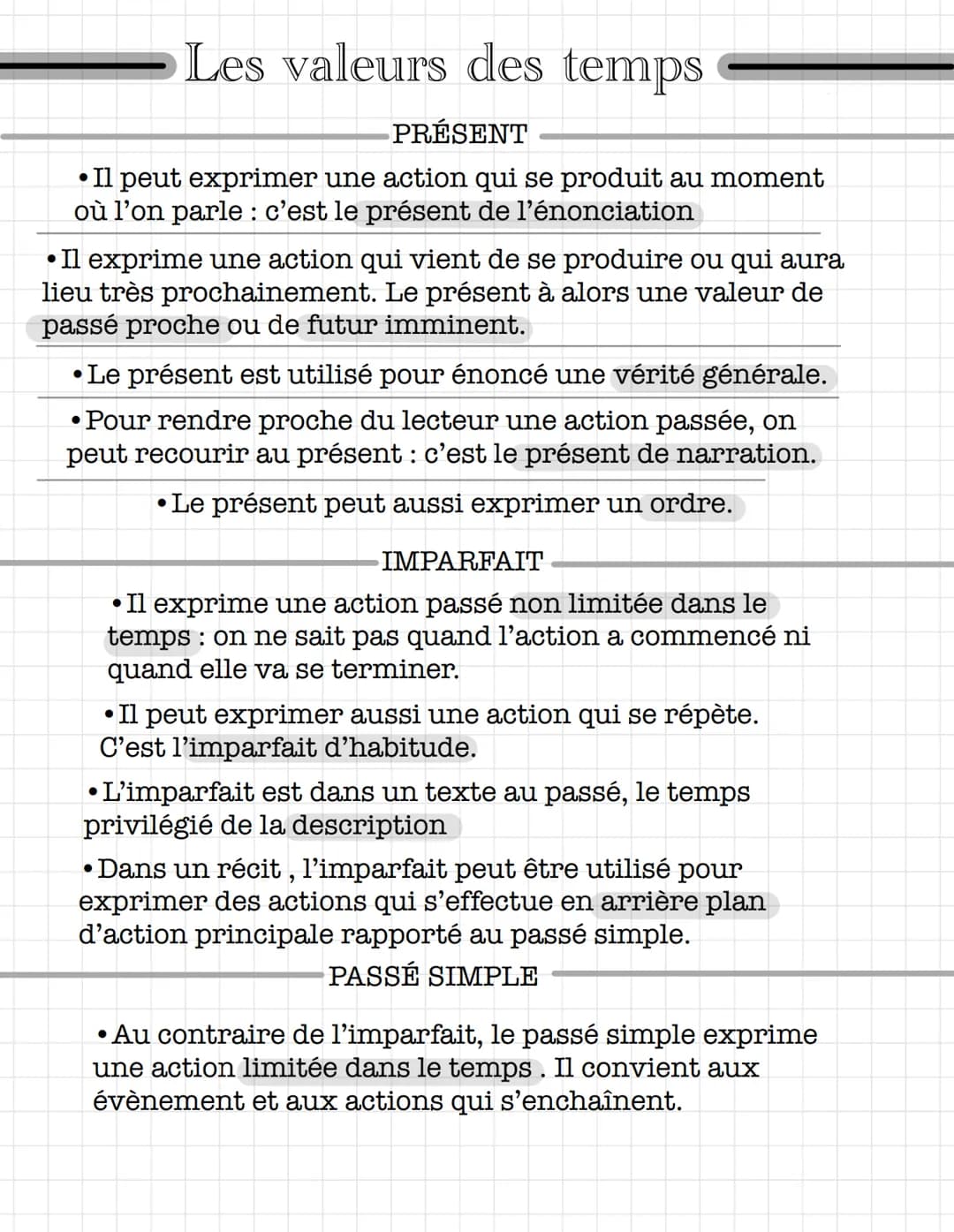 Les valeurs des temps
PRÉSENT
•Il peut exprimer une action qui se produit au moment
où l'on parle: c'est le présent de l'énonciation
•Il exp