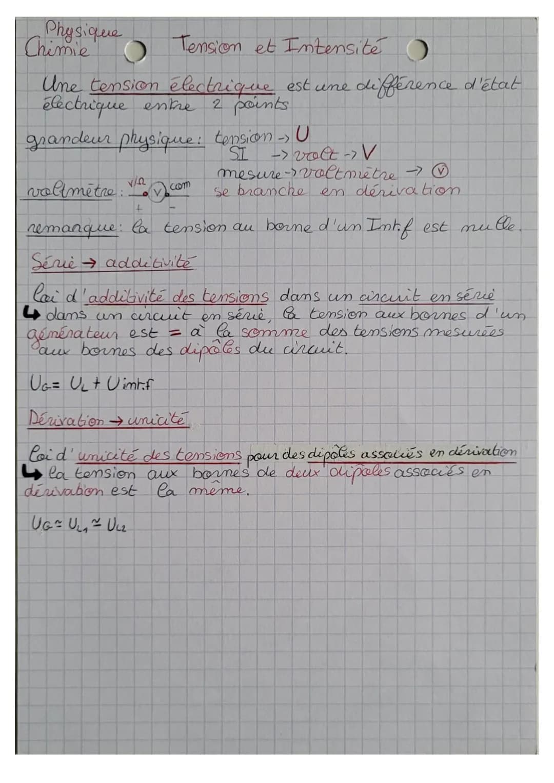 Physique
Chimie
O
Tension et Intensité (
Une tension électrique est une différence d'état
électrique entre 2 points
grandeur physique: tensi