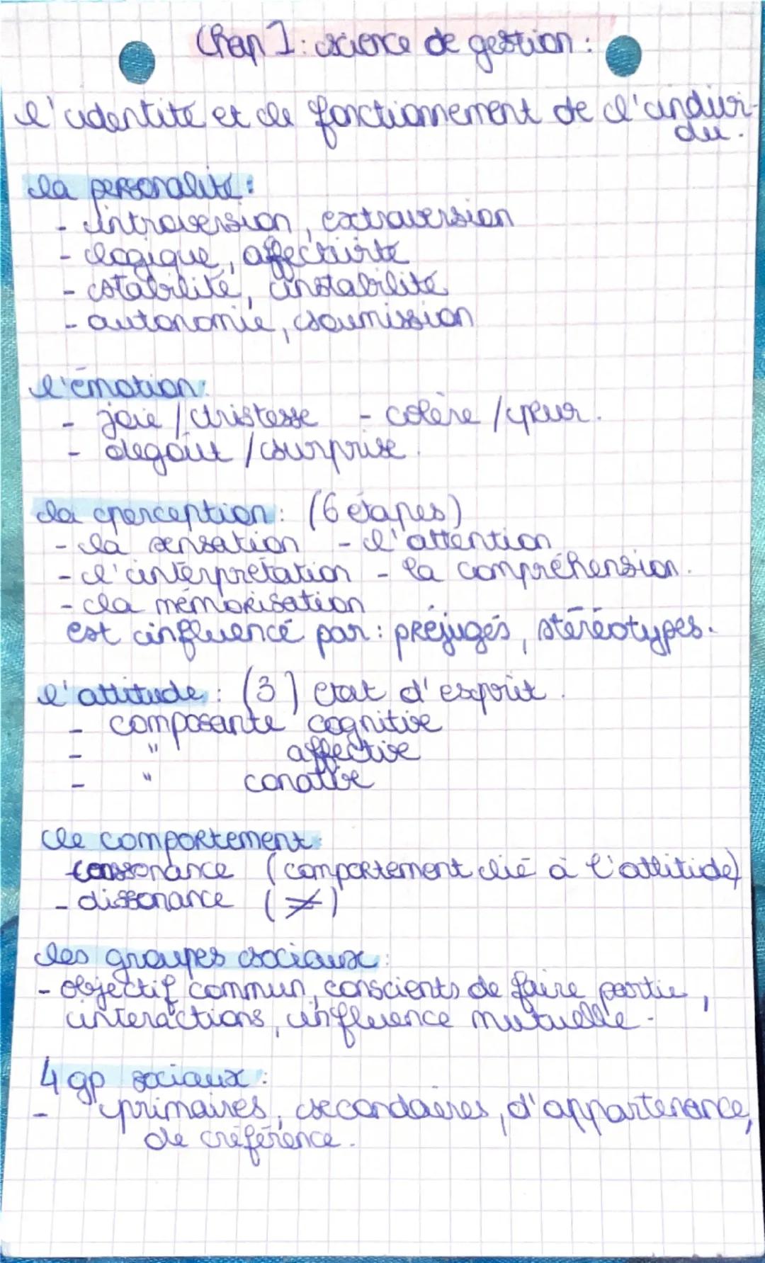 Chap 1: science de gestion:
I'identité et de fonctionnement de l'andir-
la personalite
Introversion extraversion
logique, affecture
estabili