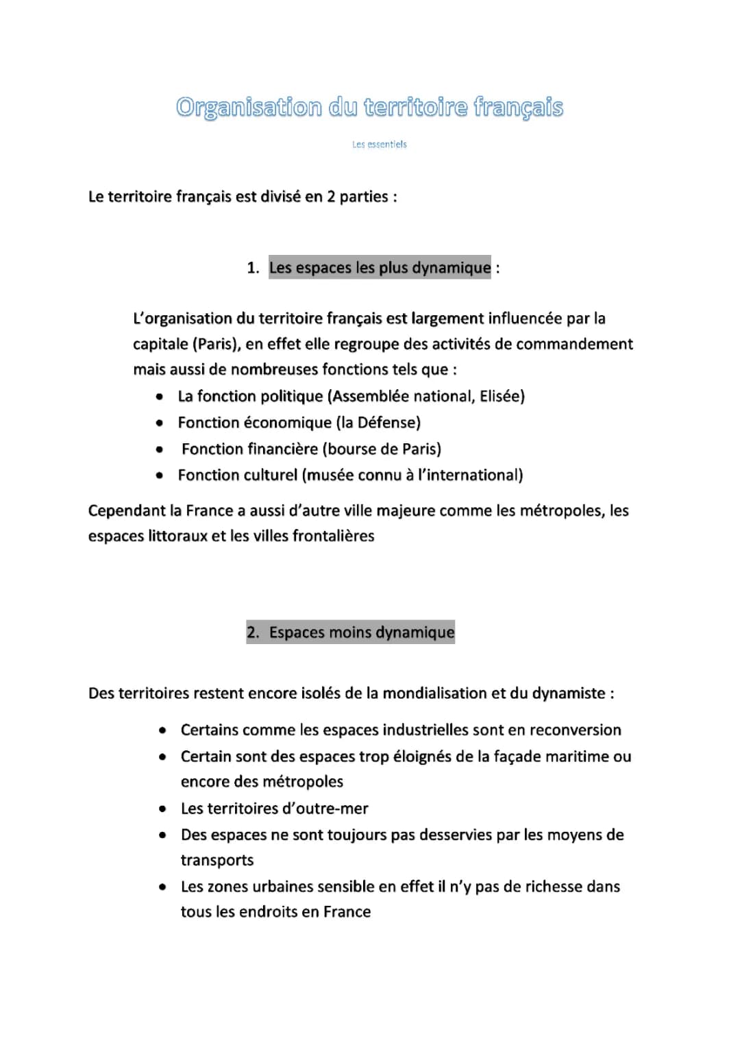 l'organisation de l'espace français