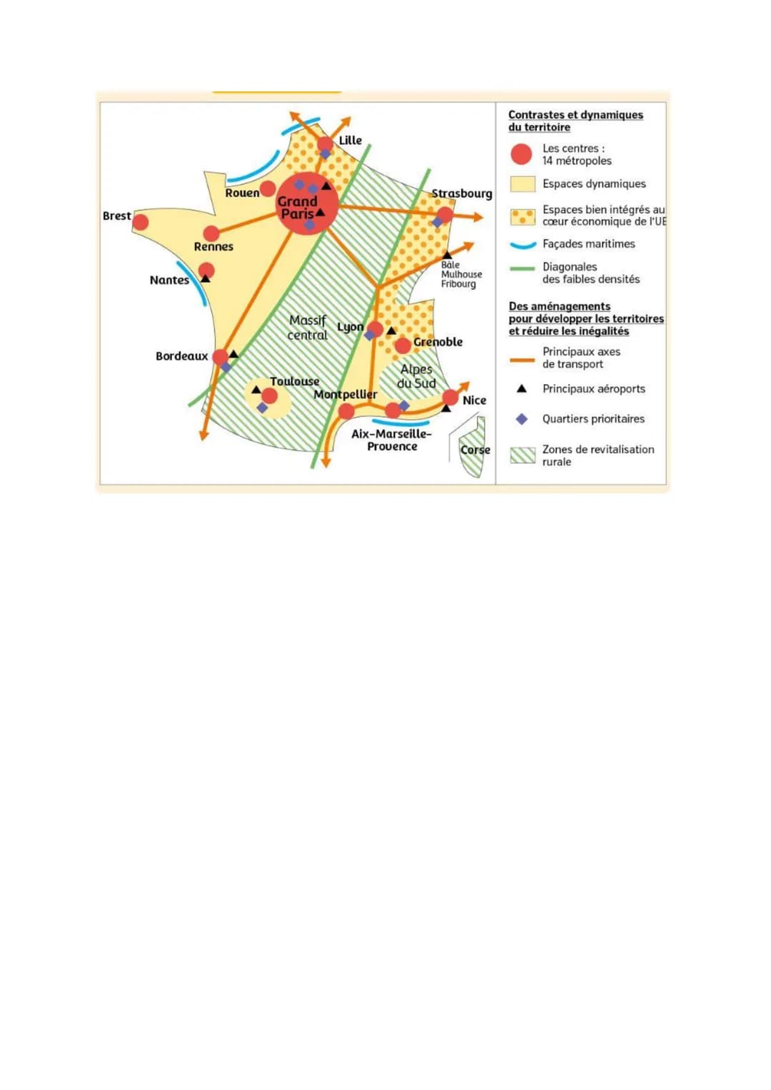 Organisation du territoire français
Les essentiels.
Le territoire français est divisé en 2 parties :
●
1. Les espaces les plus dynamique :
L