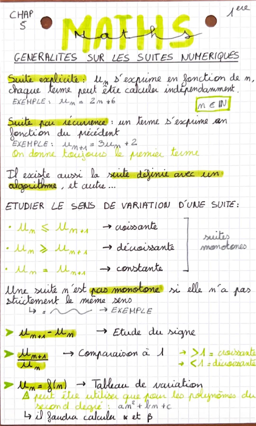 CHAP
5
# Maths
GENERALITES SUR LES SUITES NUMERIQUES

Suite explicite: $U_n$ s'exprime en fonction de n,
chaque terme peut être calculer ind