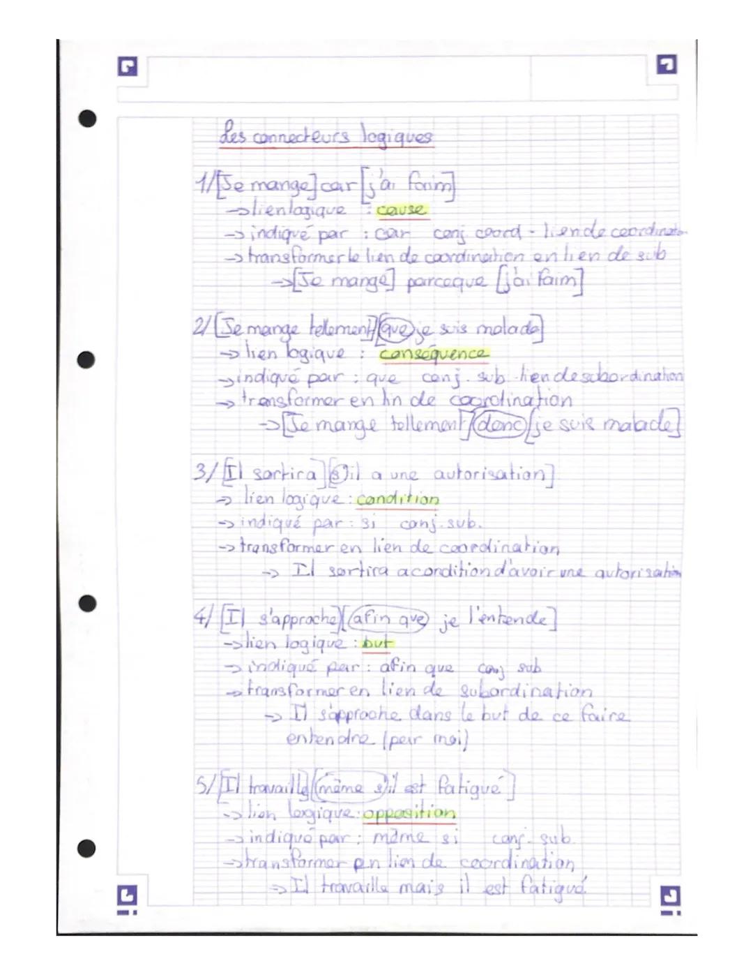 L
Les connecteurs logiques
1/[Je mange] car[;'ai faim
slien logique
cause
- indiqué par : car cenj coord- lien de coordinato
transformer le 