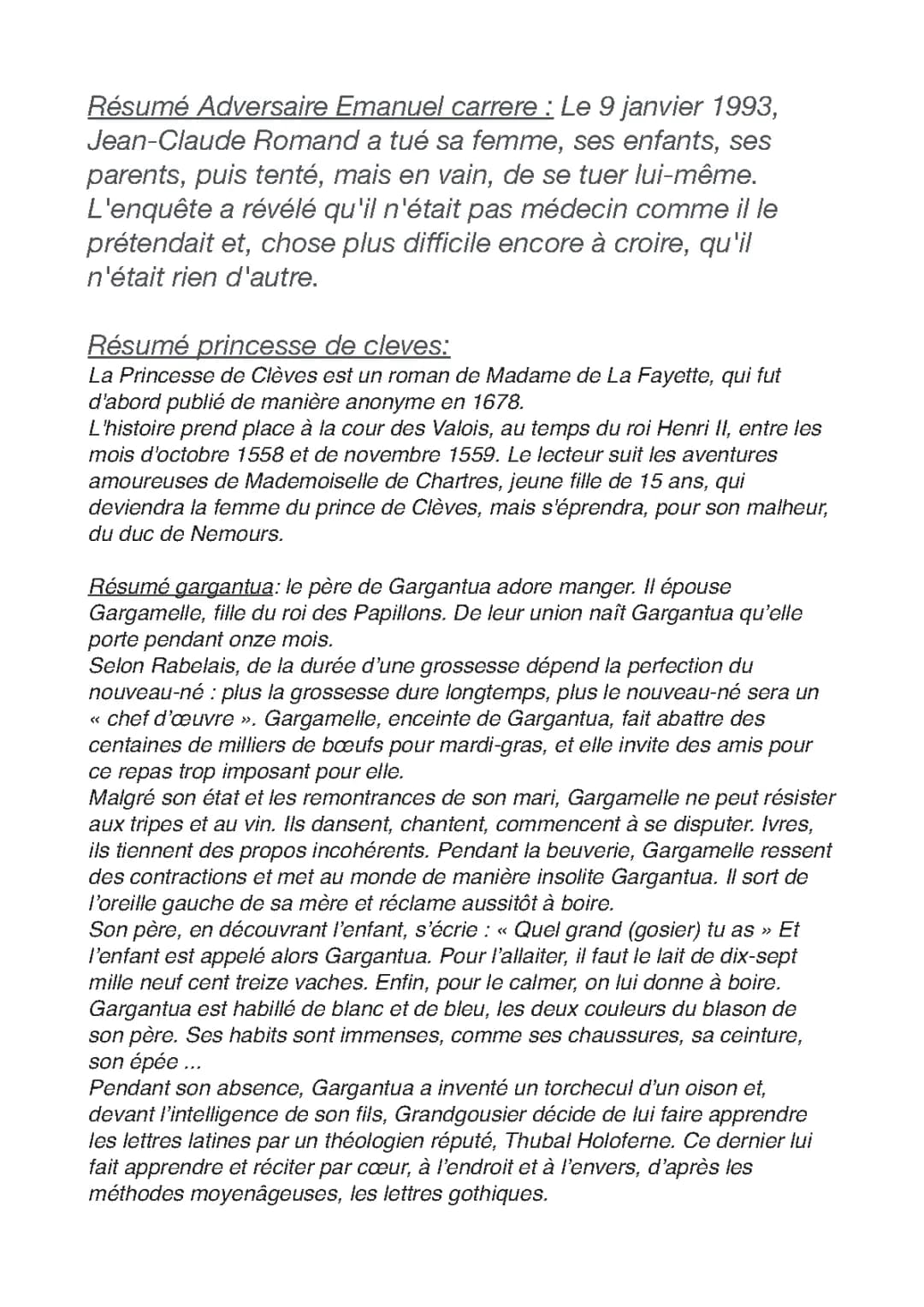 Fiches de Lecture pour Enfants: L'Adversaire et La Princesse de Clèves