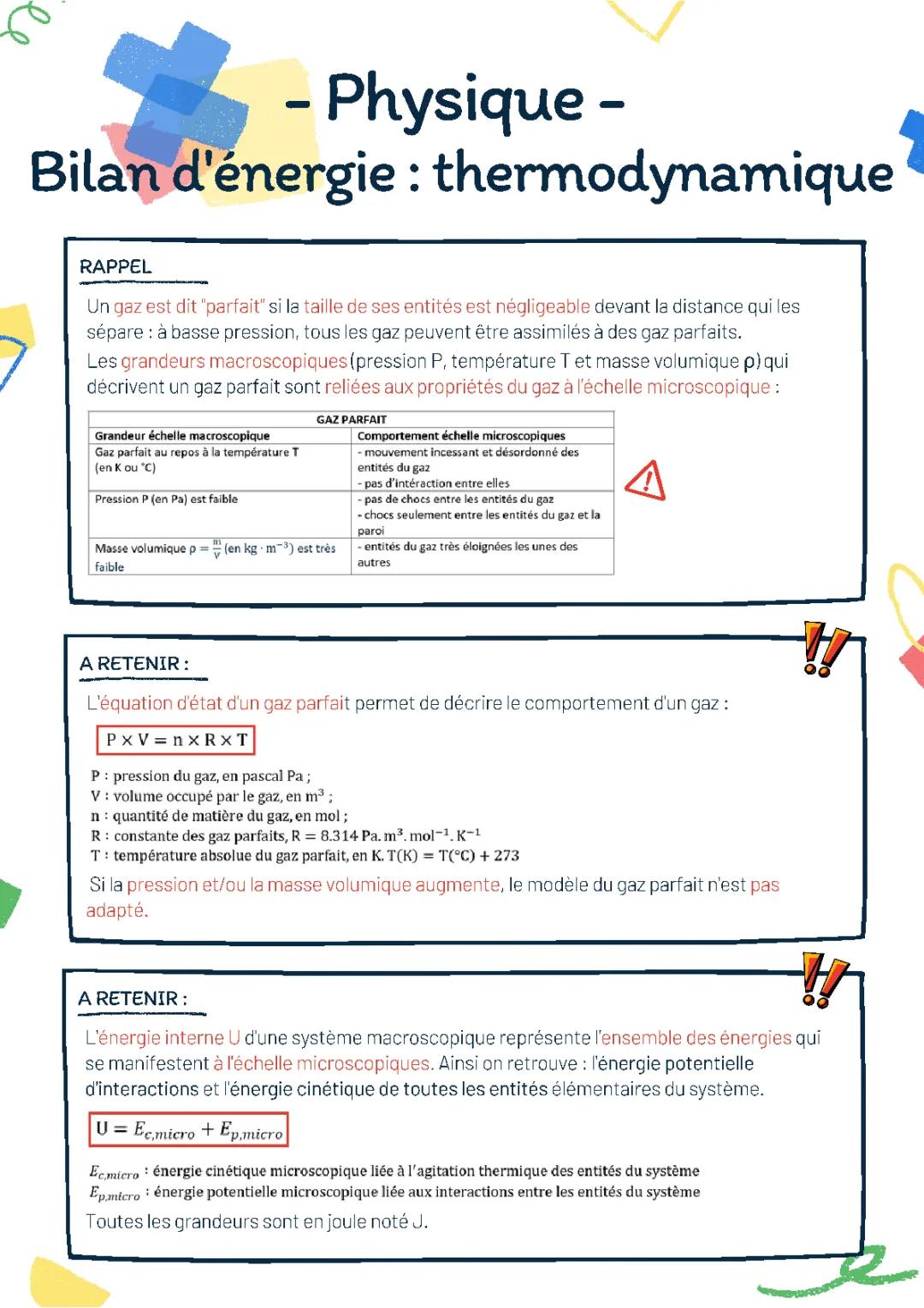 Thermodynamique Terminale : Bilan d'énergie et Premier Principe - Cours et Exercices Corrigés PDF