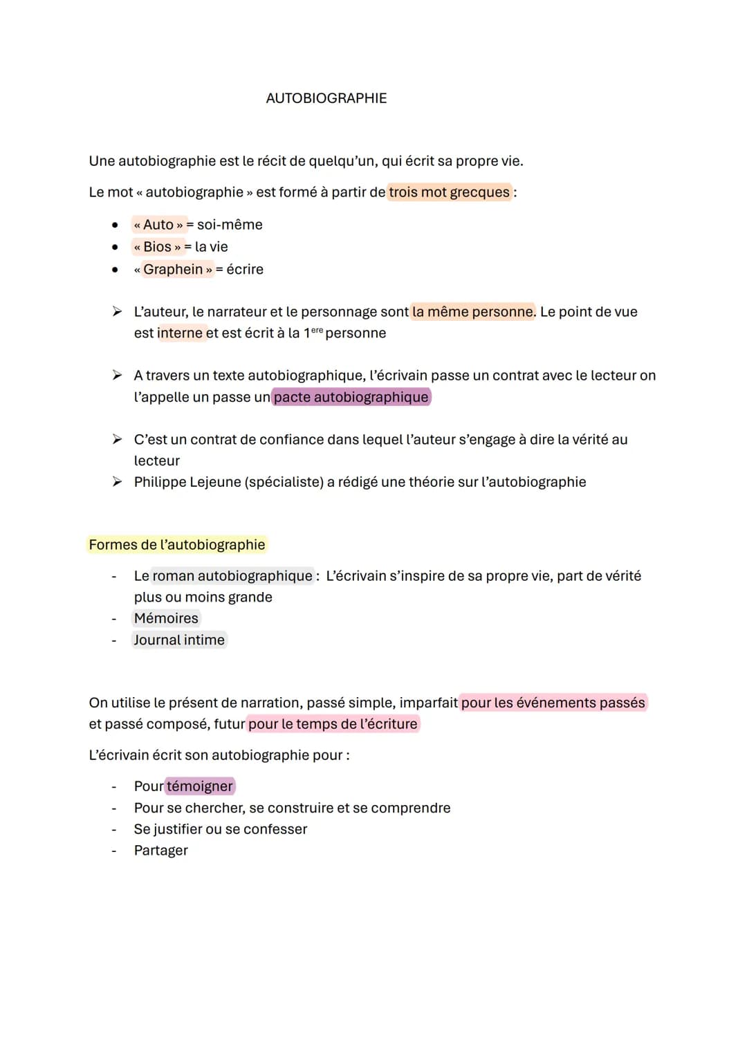 AUTOBIOGRAPHIE
Une autobiographie est le récit de quelqu'un, qui écrit sa propre vie.
Le mot << autobiographie » est formé à partir de trois