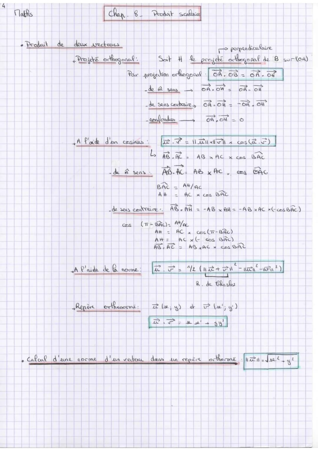 4
Maths
Produit
de
chap. 8.
deux vecteurs
+ Projeté orthogonal:
A l'aide d'un cosinus:
Calcul d'une norme
Par projection orthogonal OA. OB =