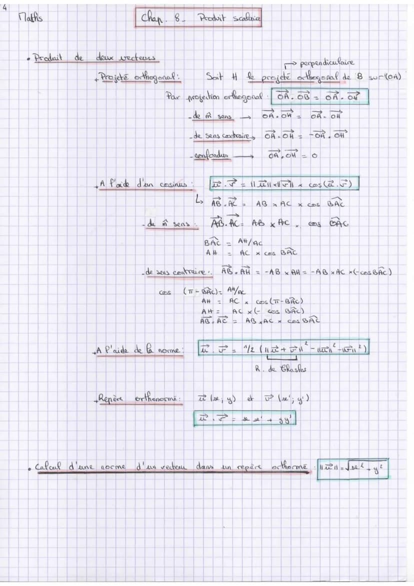 4
Maths
Produit
de
chap. 8.
deux vecteurs
+ Projeté orthogonal:
A l'aide d'un cosinus:
Calcul d'une norme
Par projection orthogonal OA. OB =