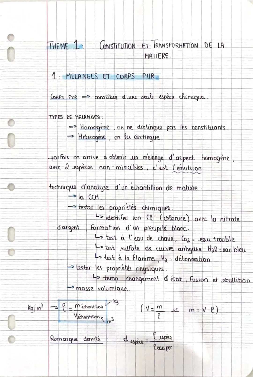 THEME 1 CONSTITUTION ET TRANSFORMATION DE LA
MATIERE
1 MELANGES ET CORPS PUR
CORPS PUR => constitué d'une seule espèce chimique.
0
TYPES DE 