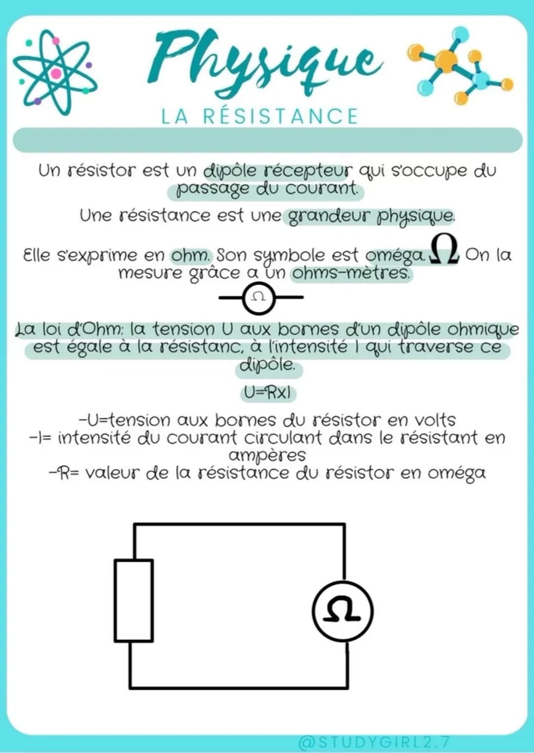 Physique
LA RÉSISTANCE
#
Un résistor est un dipôle récepteur qui s'occupe du
passage du courant.
Une résistance est une grandeur physique.
E