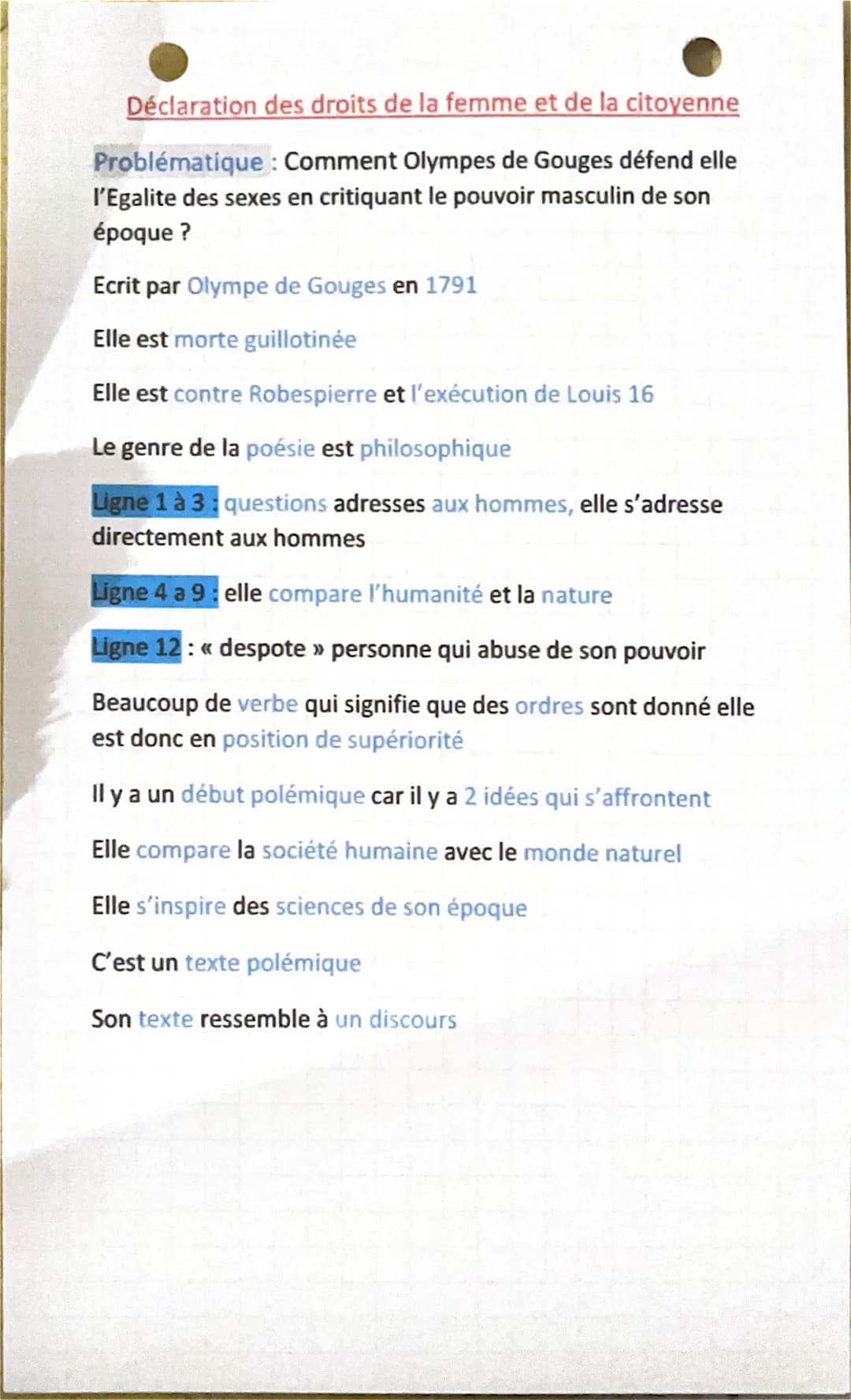 Déclaration des droits de la femme et de la citoyenne
Problématique : Comment Olympes de Gouges défend elle
l'Egalite des sexes en critiquan