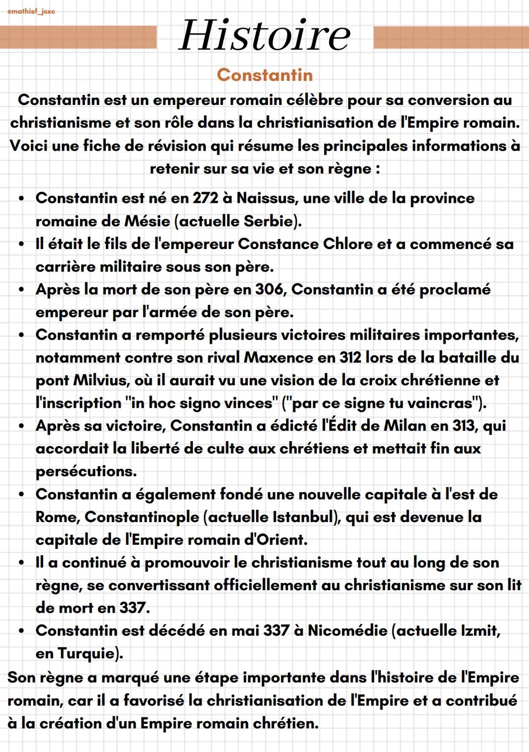 emathisf_jsxc
Histoire
Constantin
Constantin est un empereur romain célèbre pour sa conversion au
christianisme et son rôle dans la christia