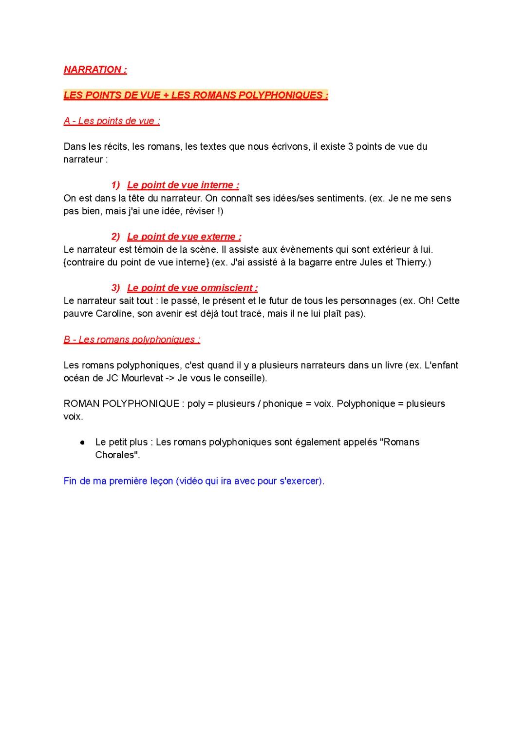 Les Points de Vue Narratifs et les Romans Polyphoniques : Leçon + Exercices PDF Corrigés