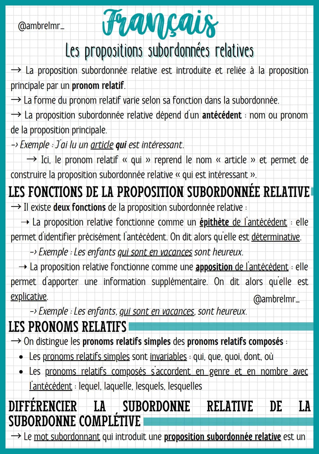 Français
Les propositions subordonnées relatives
→ La proposition subordonnée relative est introduite et reliée à la proposition
principale 
