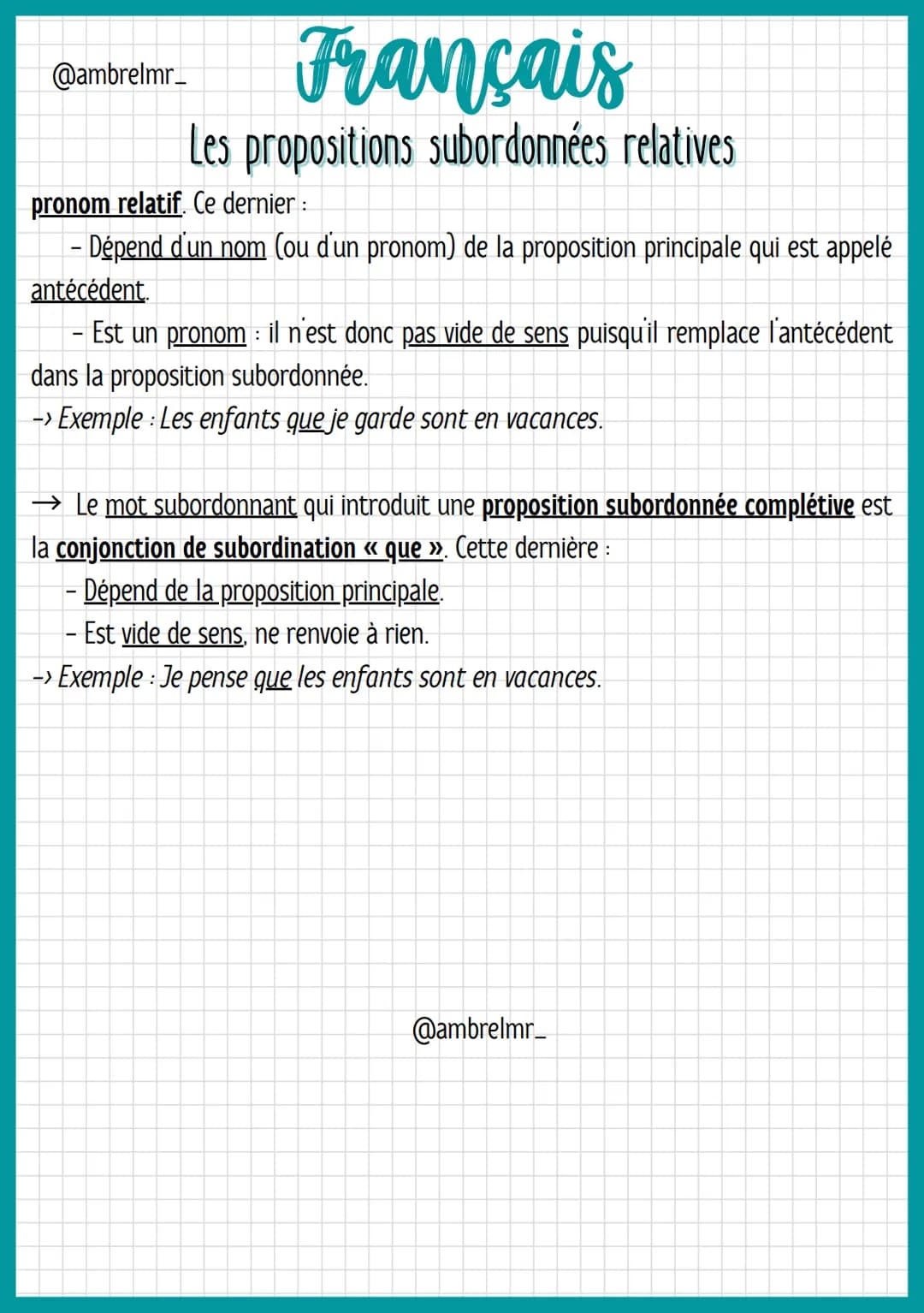 Français
Les propositions subordonnées relatives
→ La proposition subordonnée relative est introduite et reliée à la proposition
principale 