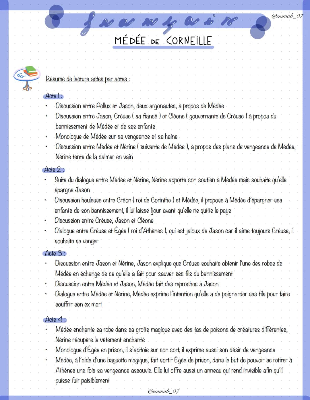 s
NO dp Oo to DO
MÉDÉE DE CORNEILLE
Résumé de lecture actes par actes :
@emmab_07
Acte 1:
Discussion entre Pollux et Jason, deux argonautes,