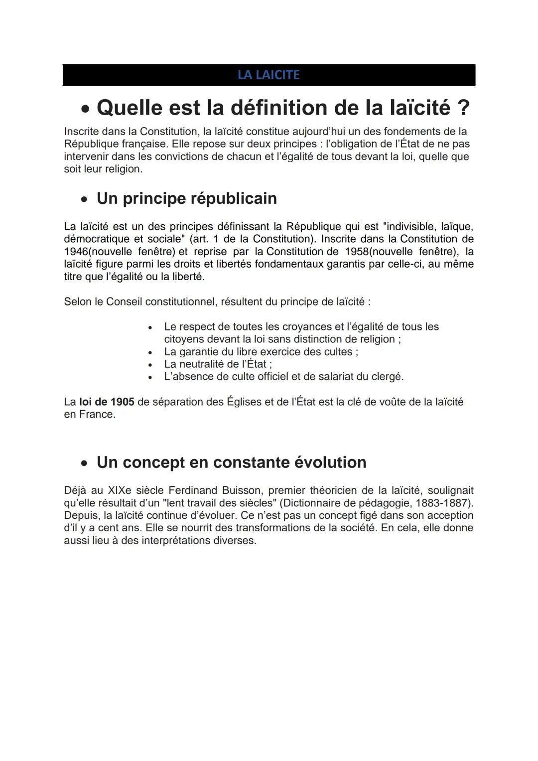 # LA LAICITE

• Quelle est la définition de la laïcité ?

Inscrite dans la Constitution, la laïcité constitue aujourd'hui un des fondements 