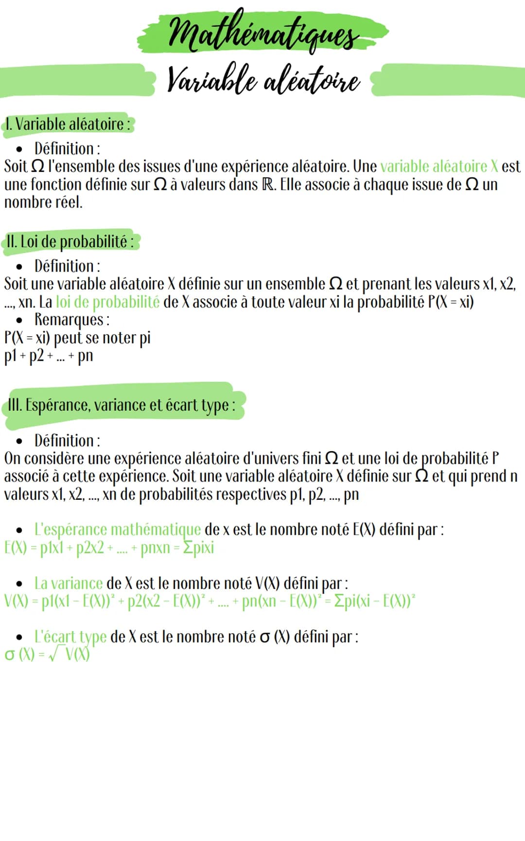 1. Variable aléatoire :
• Définition:
Soit
l'ensemble des issues d'une expérience aléatoire. Une variable aléatoire X est
une fonction défin