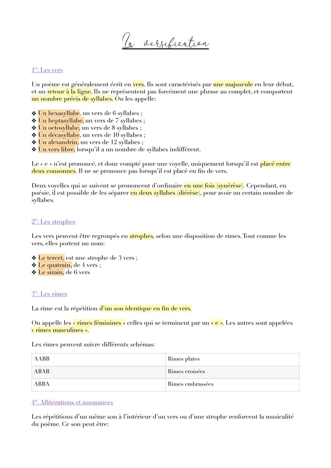 1º) Les vers
Un poème est généralement écrit en vers. Ils sont caractérisés par une majuscule en leur début,
et un retour à la ligne. Ils ne
